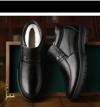 Genuine Leather 2025 Snow Boots Shoes Top Layer Cowhide Men's Boots Winter New Fashion Versatile Litchi Pattern Soft Leather Thick Sole Warm Shoes -Lined Work Boots Inner Filling with Cold Resistant Warmth, Warmth Locking Pow