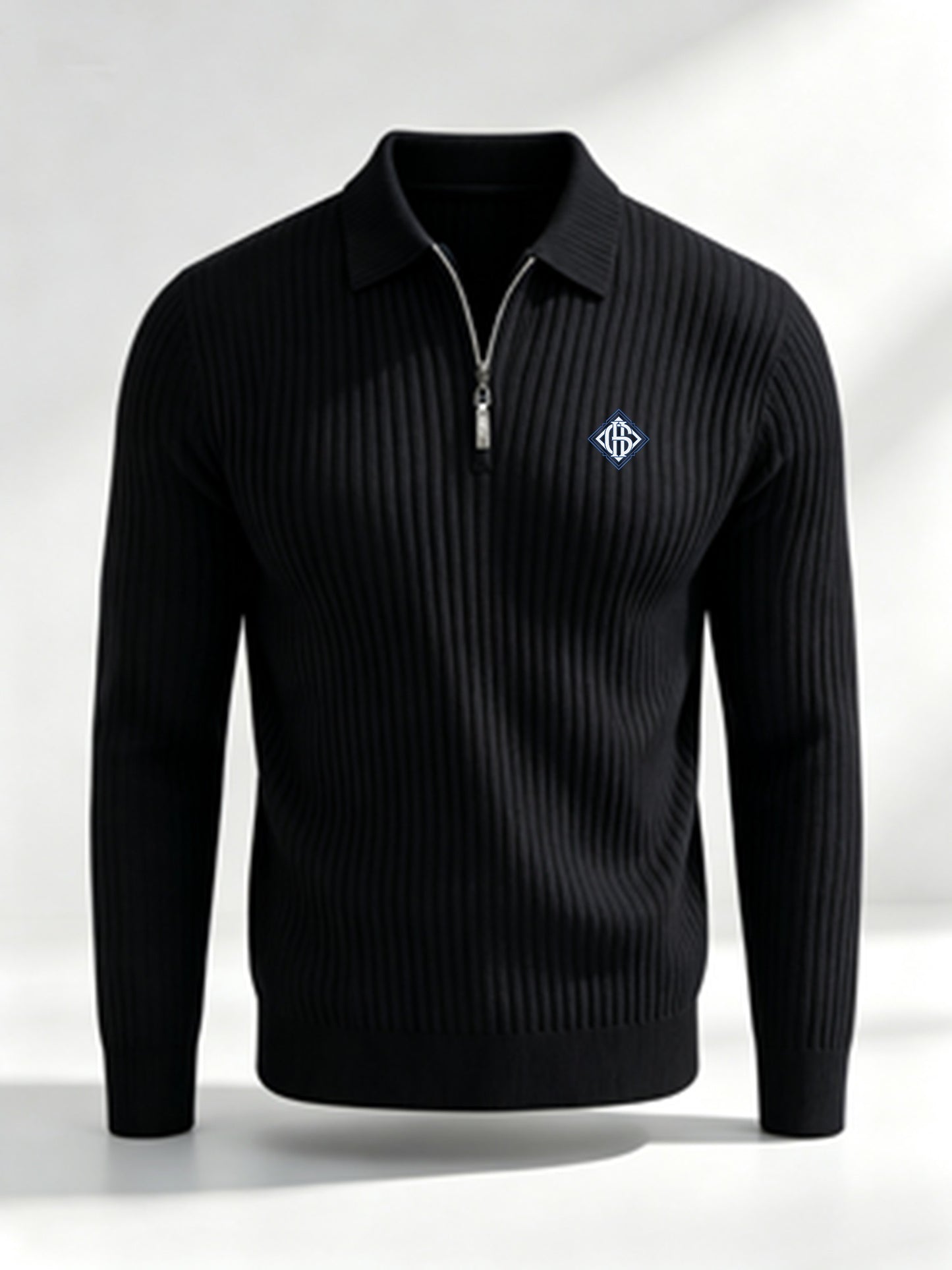 Men's Casual Long-Sleeve Ribbed Half-Zip Polo Shirt for Fall