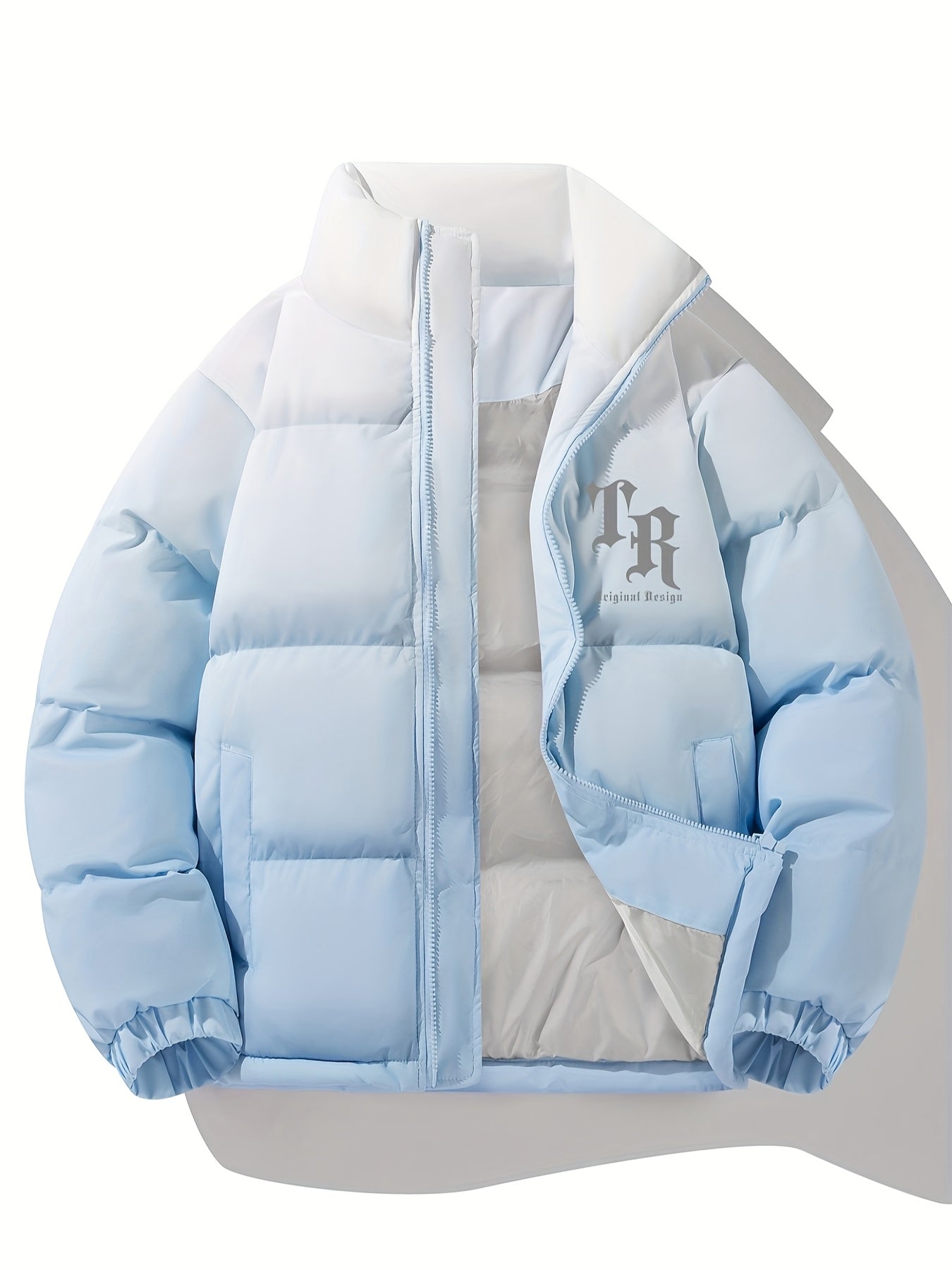 1 հատ տղամարդու փողոցային ոճի վերարկու՝ կանգնած օձիքով, այբուբենի նախշերով, սովորական չափսերով, լարերով, չձգվող գործվածքով պոլիեսթեր, 100% պոլիեսթերային լցոն, երկար թևքերով, ամենօրյա տաք, գրադիենտային բաճկոն՝ աշնանային և ձմեռային համար