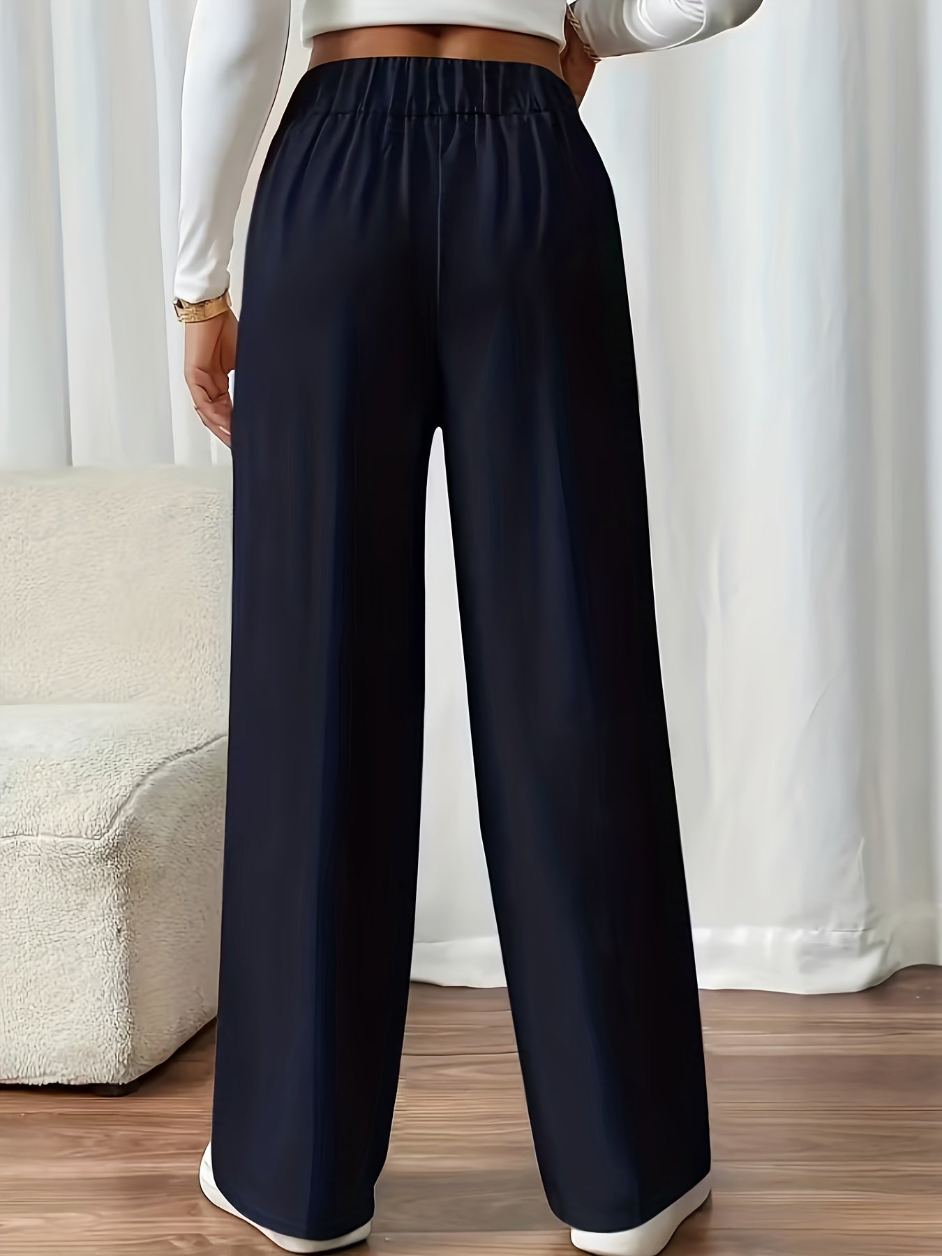 Women's Elegant Button-Waist Straight Leg Polyester Trousers