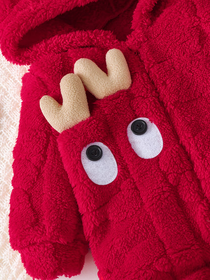 Տղաների և ձմեռային փափուկ գլխարկով կոմբինեզոն - փափուկ, կայծակաճարմանդով, ամբողջ մարմինը՝ ձնառատ, եղջյուրներով, լվացքի մեքենայով լվացվող տաք հագուստ և հարմարավետ կարմիր մանկական հագուստ, իդեալական է բացօթյա օգտագործման համար։