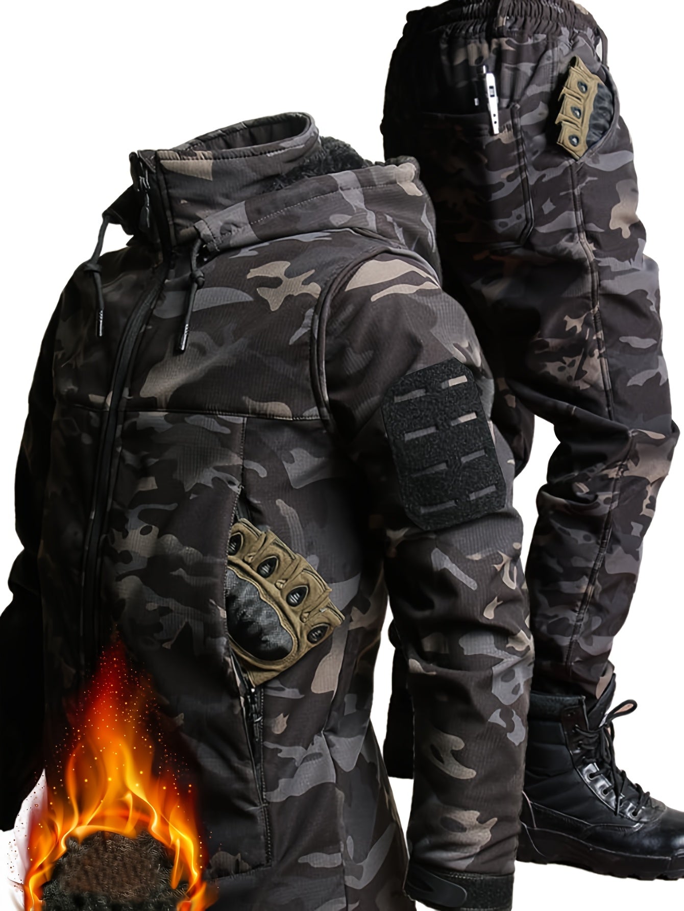 Men's Warm Autumn Winter Plush Coat and Pants Set with Detachable Hood