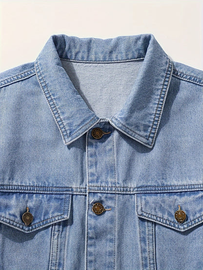 Men's Chic Washed Denim Jacket, Casual Street Style Button Up Contrast Stitching Jacket For Fall Winter