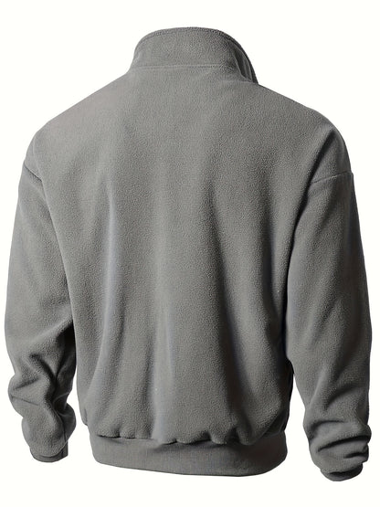1pc Men'S Casual Sports Fleece Jacket - Solid Color Polyester Knit with Slight Stretch, Stand Collar, Long Sleeve, Regular Fit, Zipper Closure, Daily & Casual Wear
