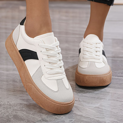 Women'S Striped Lace-Up Sneakers, Low Top Casual Shoes, All-Season Comfortable Lightweight Footwear, Plain Toe, Polyurethane Upper, Fabric Inner, Rubber Sole, Fabric Insole