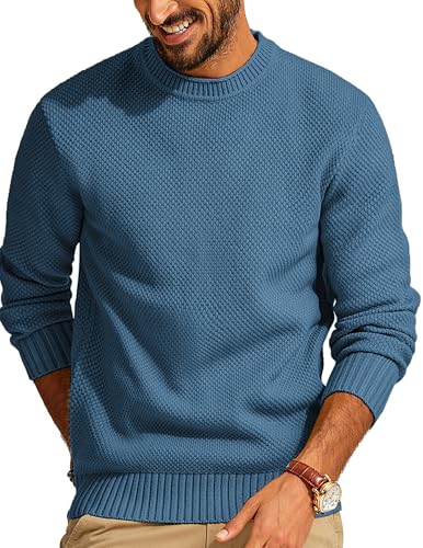 Men's Waffle Knit Crewneck Sweater Textured Pullover
