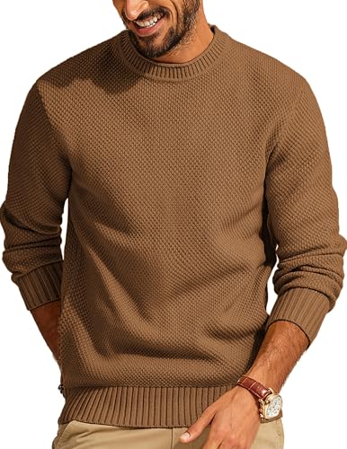 Men's Waffle Knit Crewneck Sweater Textured Pullover