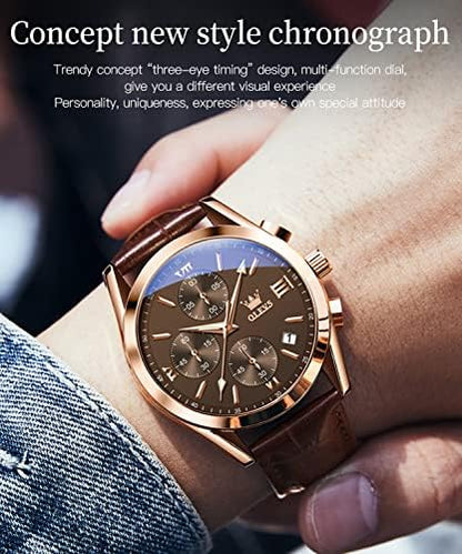 OLEVS Men's Waterproof Leather Band Quartz Watch