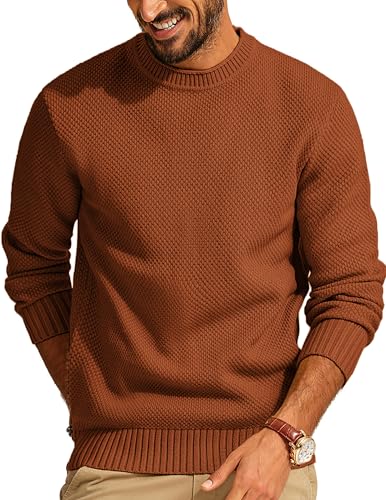 Men's Waffle Knit Crewneck Sweater Textured Pullover