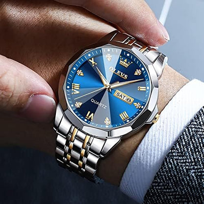 OLEVS Men's Two-Tone Luxury Analog Quartz Watch Blue