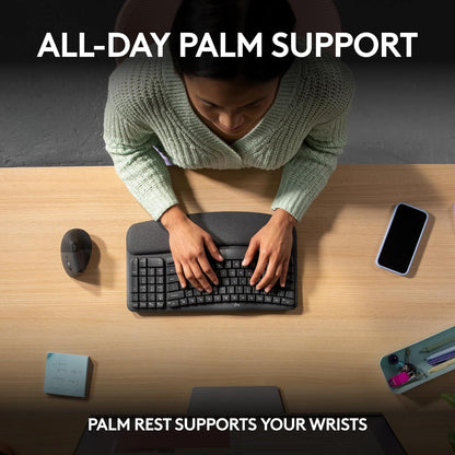 Logitech Wave Keys Wireless Ergonomic Keyboard with Cushioned Palm Rest, Comfortable Natural Typing, Easy-Switch, Bluetooth, Logi Bolt Receiver, for Multi-Os, Windows/Mac - Graphite