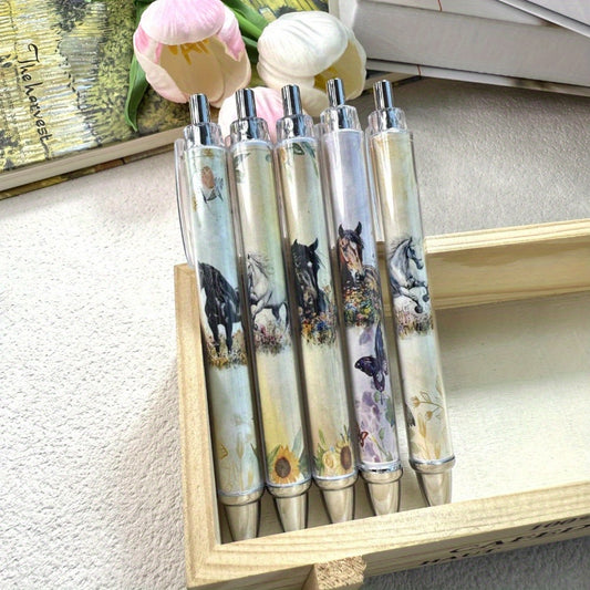 5pcs Creative Horse Head Theme Ballpoint Pens with Black Ink, Plastic Body, Smooth Writing, Suitable for Office and Gifts, Stationery Supplies