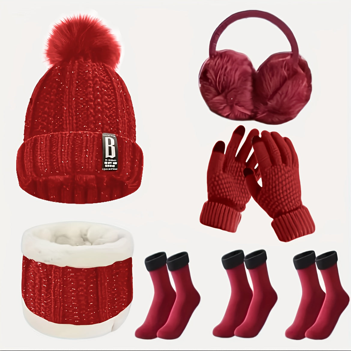 7pcs Winter Thermal Set - Heavy-Duty Cold Weather Outfit with Hat, Gloves, Plush Earmuffs, Thermal Socks - Full Set for Skiing, Snowboarding, Ice Skating, Winter Hiking - Burgundy/Black/White Color Options - Ideal Christmas G