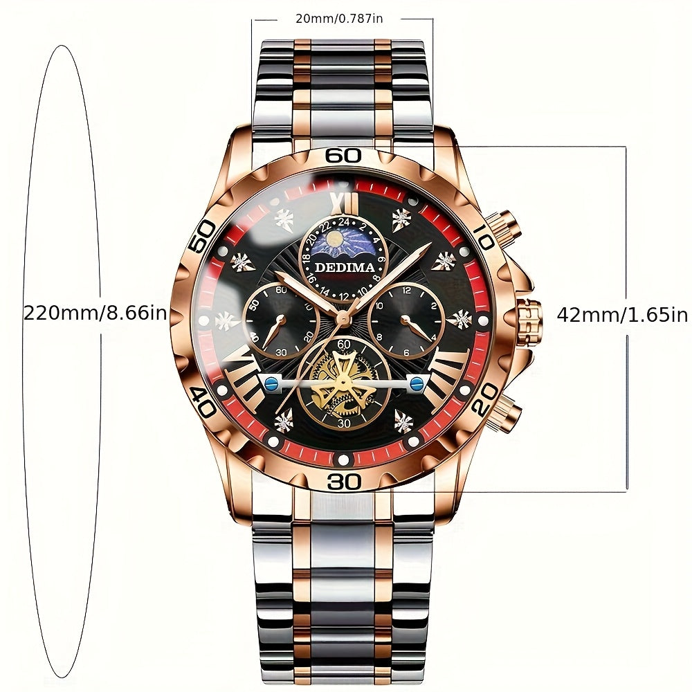 Elegant Men's Stainless Steel Sports Watch with Rhinestone Accents, 24-Hour/Calendar/Stopwatch Functions - Perfect for Halloween, Thanksgiving, Father's Day - ayq