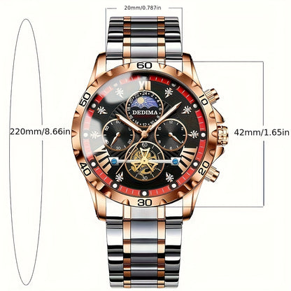 Elegant Men's Stainless Steel Sports Watch with Rhinestone Accents, 24-Hour/Calendar/Stopwatch Functions - Perfect for Halloween, Thanksgiving, Father's Day - ayq