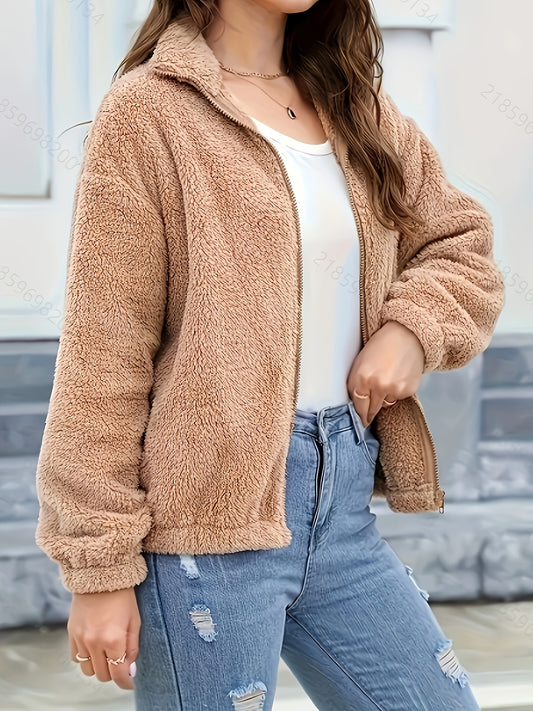 Women'S Cozy Fleece Jacket with Hood - Casual High Neck Zippered Long Sleeve Polyester Knit Fabric Sweater for Fall/Winter