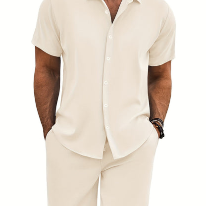 Men'S 2pcs Summer Beach Set, Cotton Linen Blend, Casual Short Sleeve Button- Shirt and Shorts, Solid Color, Lapel Collar, Non-Stretch Fabric, Regular Fit, Woven, 160g/m² - Loungewear Outfit