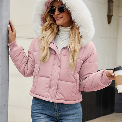 Կանացի կարճ, առօրյա, կայծակաճարմանդով, գլխարկով բաճկոն՝ արհեստական ​​մորթուց զարդանախշով - սև պոլիեսթեր, երկար թևքերով, աշնանային/ձմեռային բացօթյա հագուստ, ցուրտ եղանակի համար | Գլխարկով նորաձևություն | Փայլուն ծածկույթ