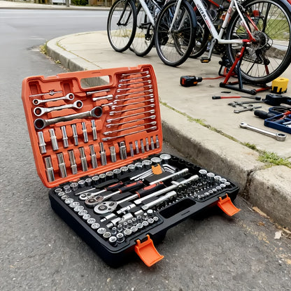 151/46pcs Automotive And Motorcycle Repair Tool Kit - Made of Durable Chrome Vanadium Steel, Includes Ratchet Wrenches And Screwdrivers.