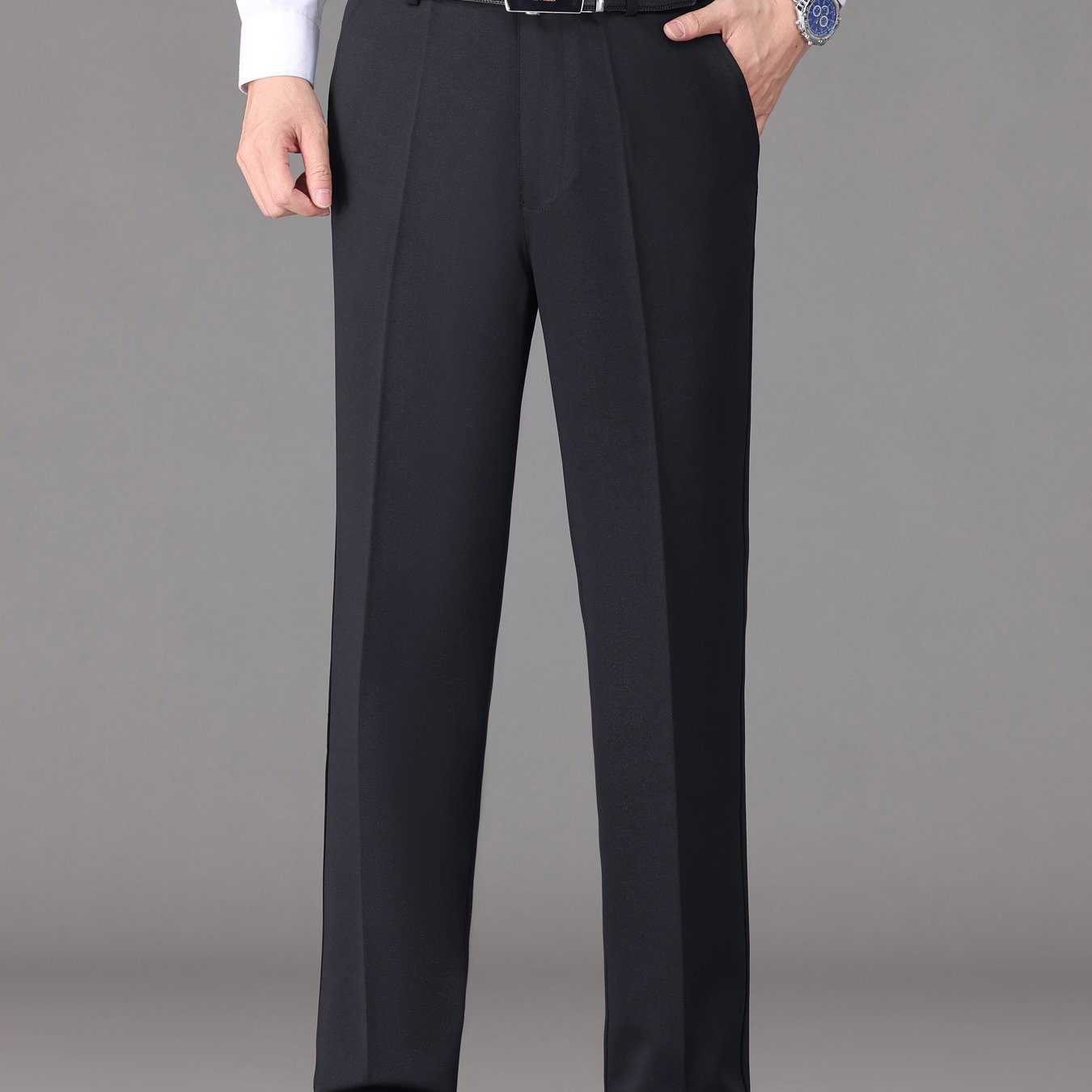 [Lightweight Design] Men's High-Waist Stretch Dress Pants - Wrinkle-Resistant, Dark Blue Business Casual with Pockets, Straight Leg Fit for Spring/Fall
