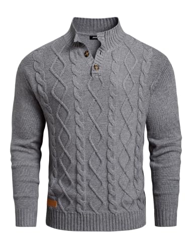 Men's Cable Knit Henley Sweater with Ribbed Stand Collar