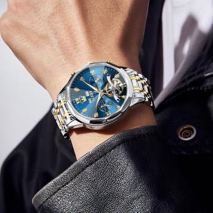OLEVS Men's Automatic Skeleton Luxury Diamond Watch Stainless Steel