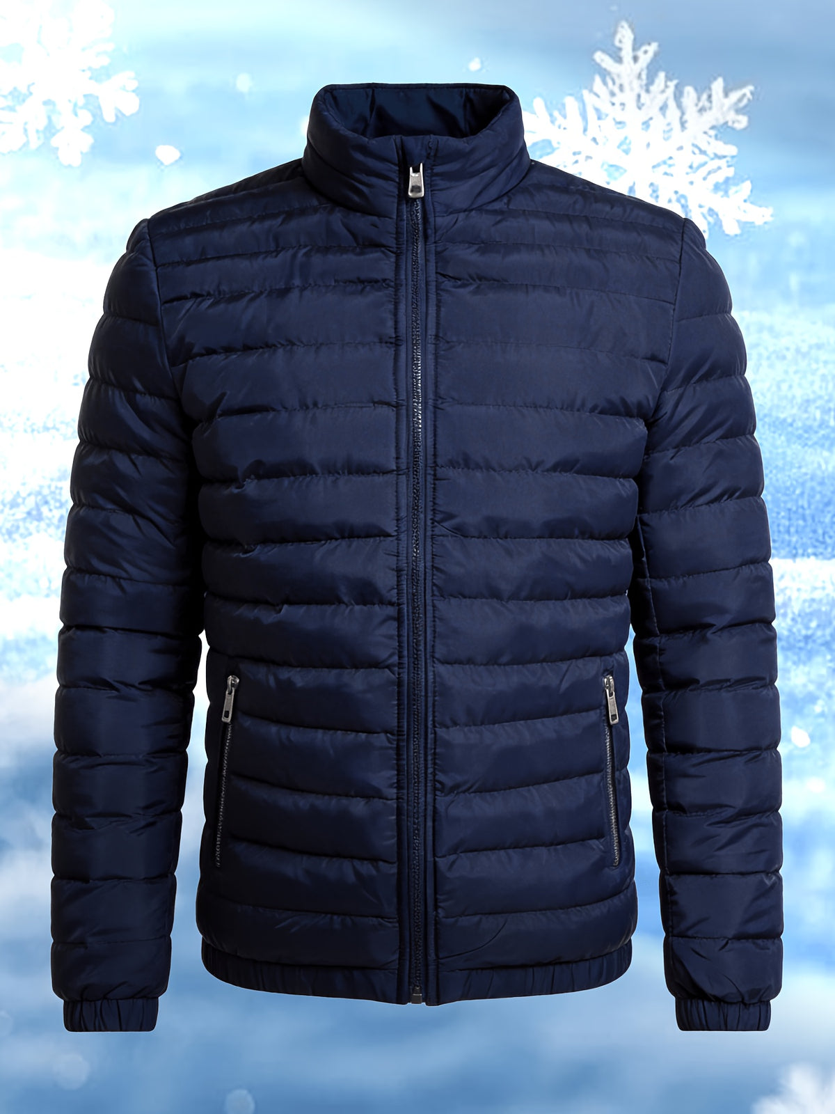 Men's Stand Collar Winter Jacket with Zipper and Fiber Filling
