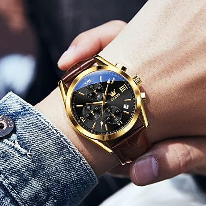 OLEVS Men's Casual Leather Chronograph Watch, Waterproof