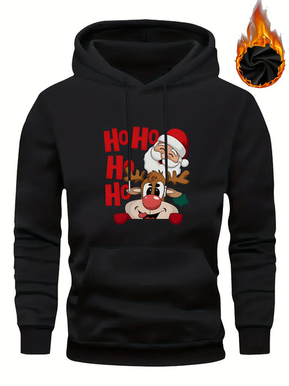 Men's Christmas Hooded Sweatshirt with Rudolph & Santa Print - Thickened Winter Pullover Hoodie, Warm Long Sleeve Casual Sweater for Skiing, Parties, Team Events - Machine Washable (Couple Matching, Unisex Style)
