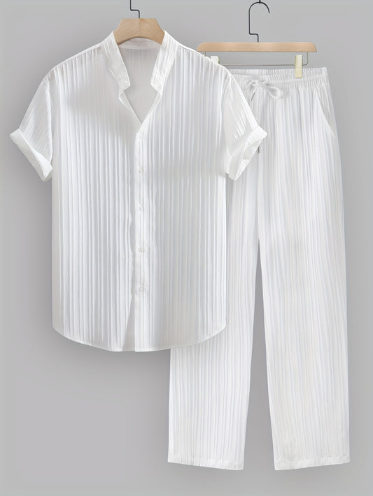 2pcs Men's Summer Casual Striped Polyester Outfit Set, Short Sleeve Stand Collar Shirt and Drawstring Pants, Non-Stretch Woven Fabric, Regular Fit for Daily Wear and Beach Vacation, Plain Color, Beach Vacation
