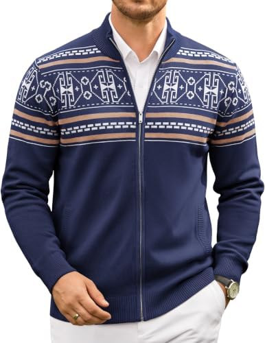 Men's Full Zip Mock Neck Cardigan Sweater with Pattern