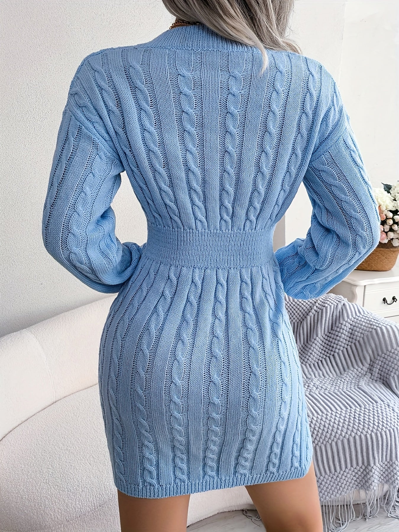 Women's White/ Twist- V-Neck Shorter-to-Oversized-Hem White Button-like Placket (No Buttons) Dress - Full-Length Long Sleeve Winter Winter Short/Long Dress (No) - Slim-Fit Tummy Control for Fall/Winter (Low-Maintenance