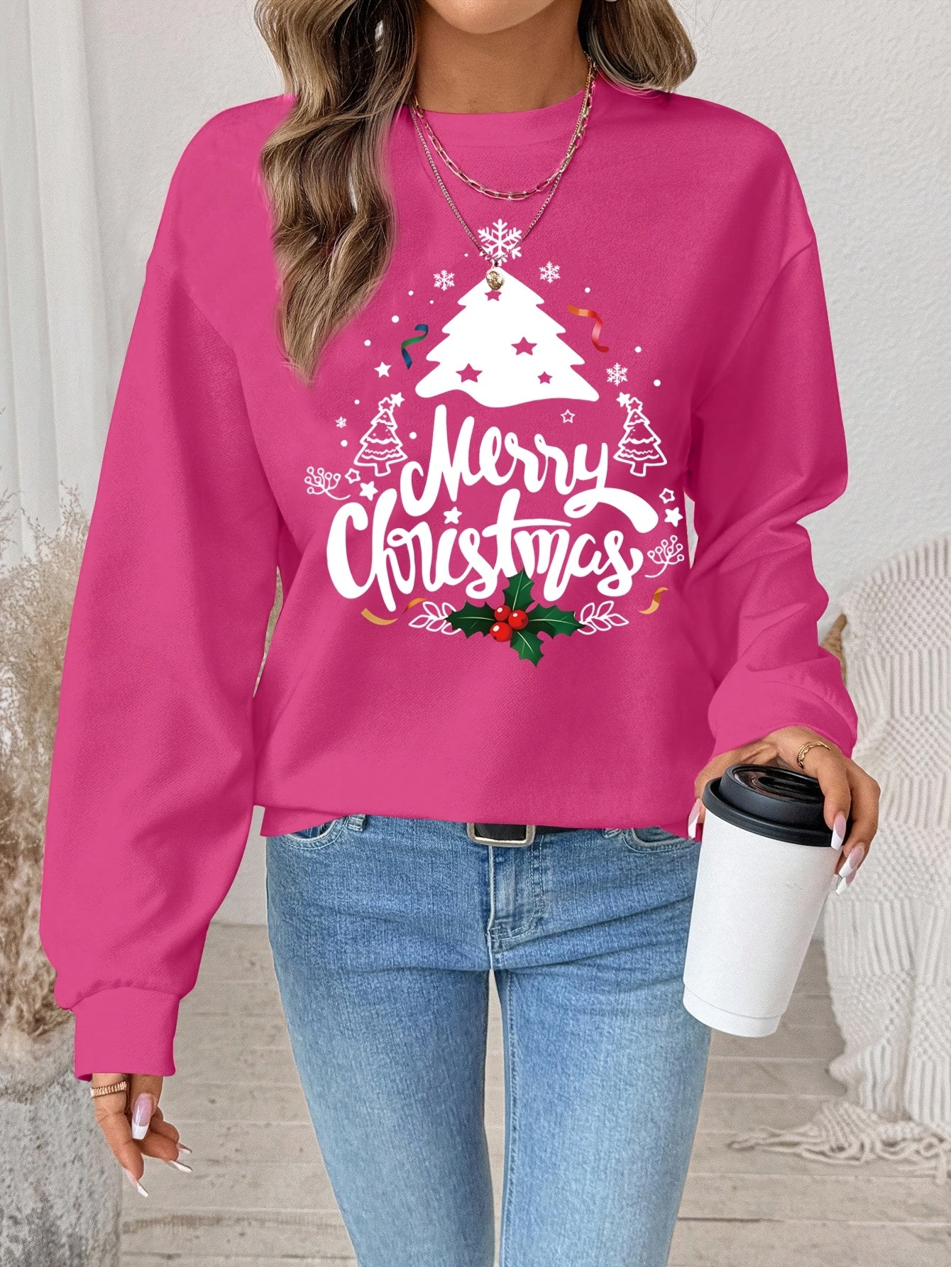 Women's Red Christmas Tree & Lettering Sweater - Cozy Winter Pullover with Round Neck Long Sleeve, Thickened Sweating-Reducing Blouse for Xmas Party Outfits, Family Gatherings (Machine Washable, Autumn/Winter Clothing)