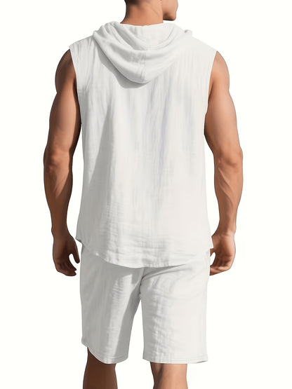 Men's Summer Linen Hooded Sleeveless Shirt & Shorts Set