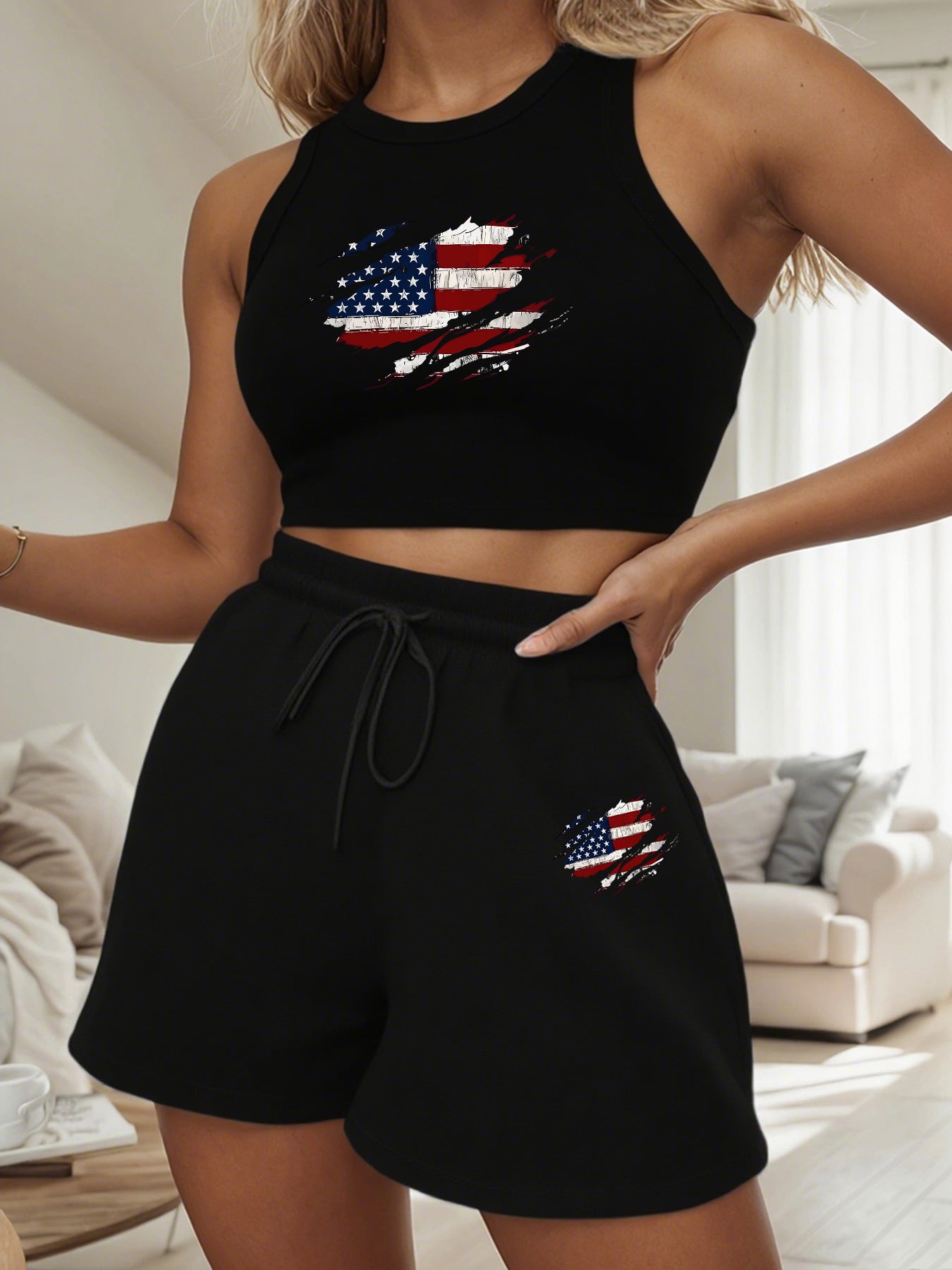 Women's Casual Two-Piece Set with English Print & Slanted Pockets
