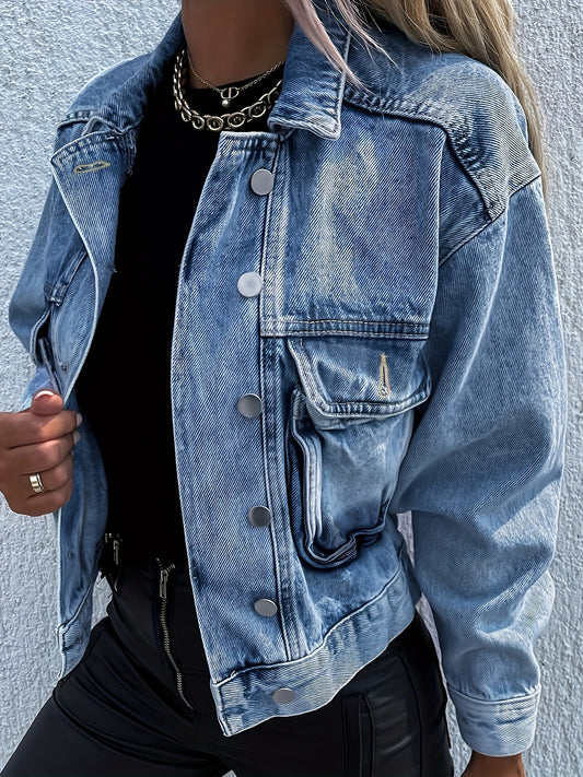 Women's Vintage Oversized Denim Jacket - Light Wash Blue Distressed Button-Front Closure Korean Style Loose Fit Coat, Heavyweight 100% Denim Jacket for Spring/Fall Layering, Casual & Formal Outfits, Machine Washable, Long Sle