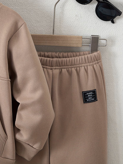 Boys' Cozy Fleece-Lined Hoodie & Sweatpants Set - Olive Green Casual Winter Outfit with Pockets, Thick Warmth for Fall & Winter, Regular Fit, Casual Attire, for Outdoor