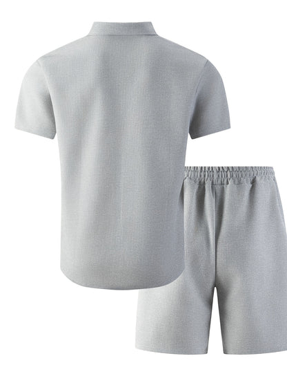 Men's 3-Piece Casual Waffle Knit Summer Set with Shirt & Shorts