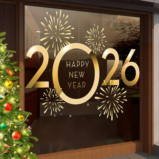1pc Golden Number 2026 & Fireworks New Year Window Decoration - Double-Sided PVC Self-Adhesive Glossy Rectangular Sticker, Mixed Colors, Single Use, for Christmas Home