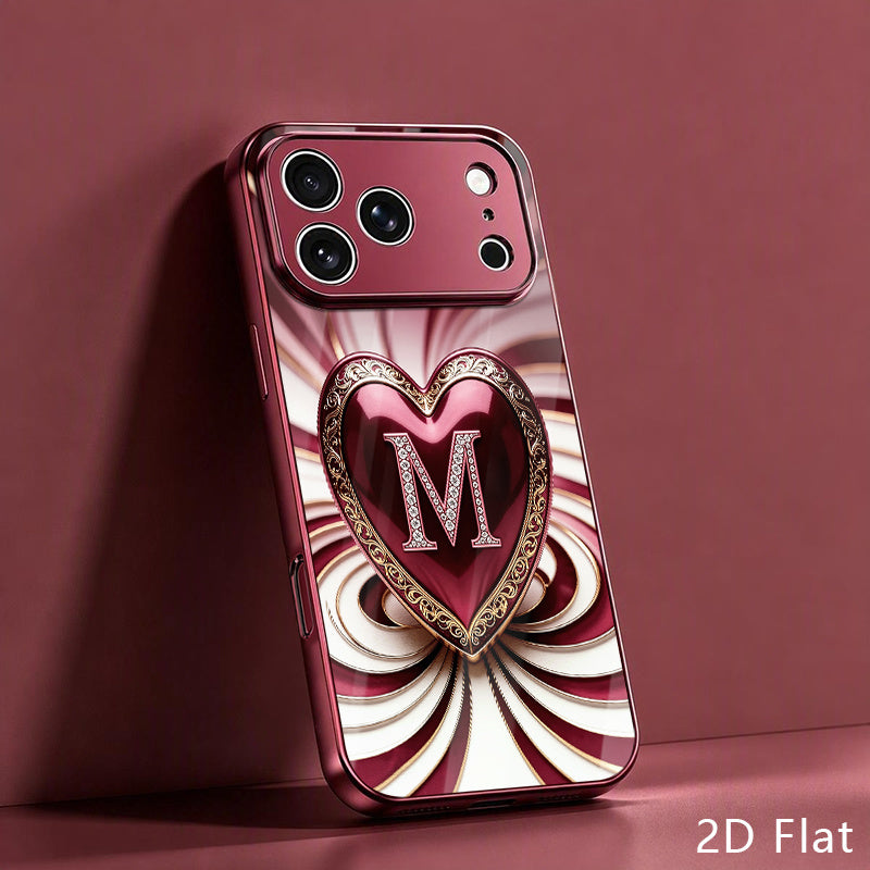 Luxury Wine Red Heart Rhinestone Tempered Glass Phone Case