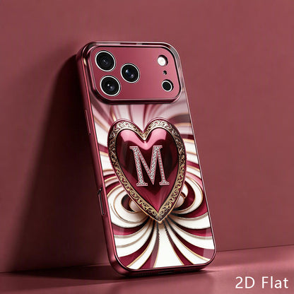 Luxury Wine Red Heart Rhinestone Tempered Glass Phone Case