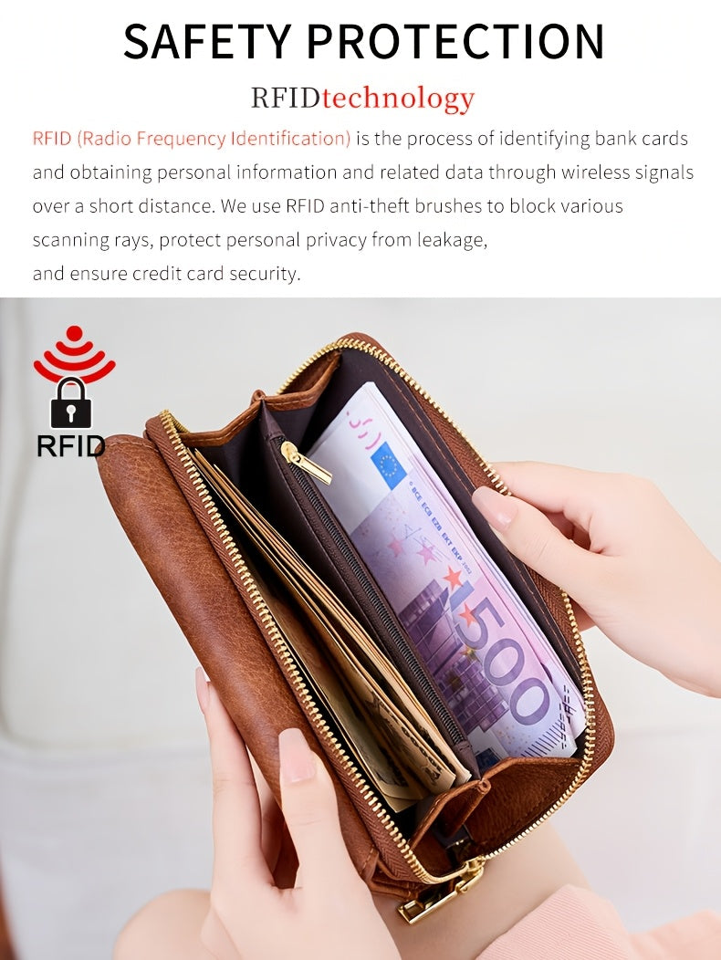 MIYIN Women's Vintage RFID Blocking Large Capacity Wallet with Wrist Strap - Tri-Fold  Handbag, Zipper Pocket & ID Slot, Multi-Card Holder (Credit/Debit) - Solid for Professional & Everyday Use