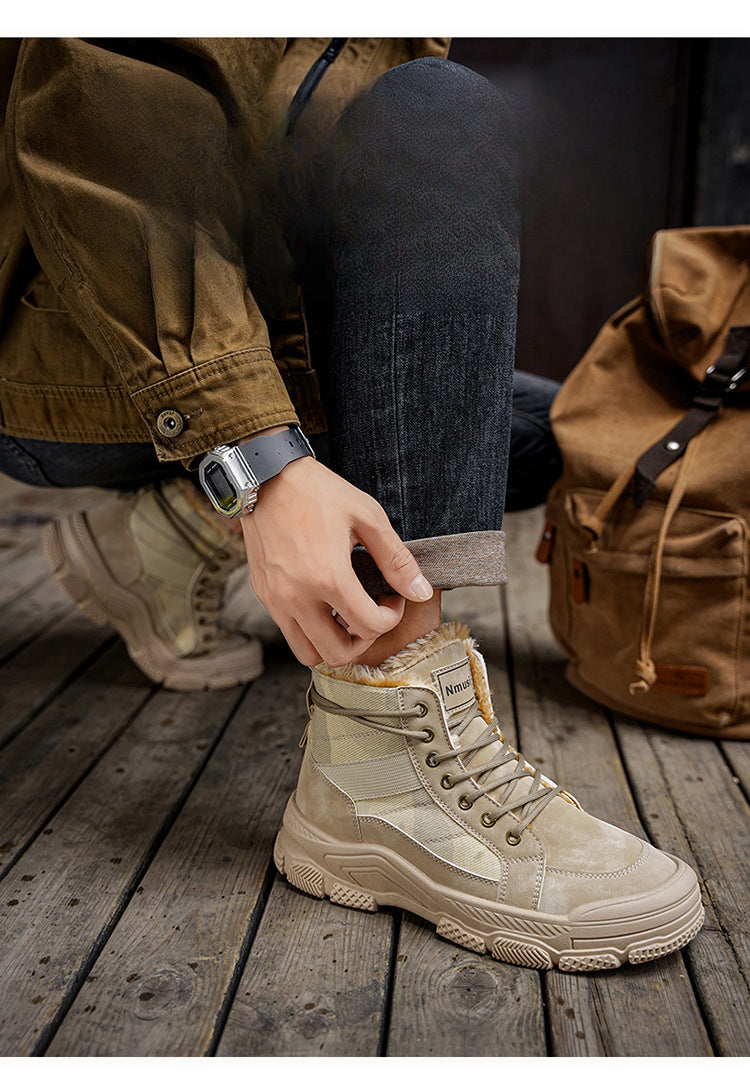 Men's High-Top Winter Boots with -Like Collar & - Heavy-Duty PU Upper, PVC Sole, Beige/Tan Lace-Up Snow Boots for Ice, Slush,, Outdoor (Warm Cold Weather Footwear)