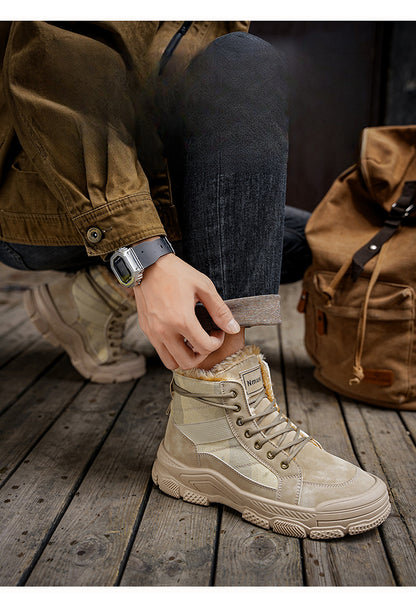 Men's High-Top Winter Boots with -Like Collar & - Heavy-Duty PU Upper, PVC Sole, Beige/Tan Lace-Up Snow Boots for Ice, Slush,, Outdoor (Warm Cold Weather Footwear)