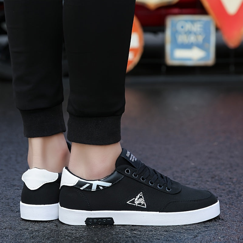 Men's Retro Breathable Canvas Sneakers - Comfortable, Non-Slip Rubber Sole Walking Shoes, Casual Low-Top Lace-Up Design with Triangular Logo, Black & White Accents, Durable PU Upper for Casual Attire