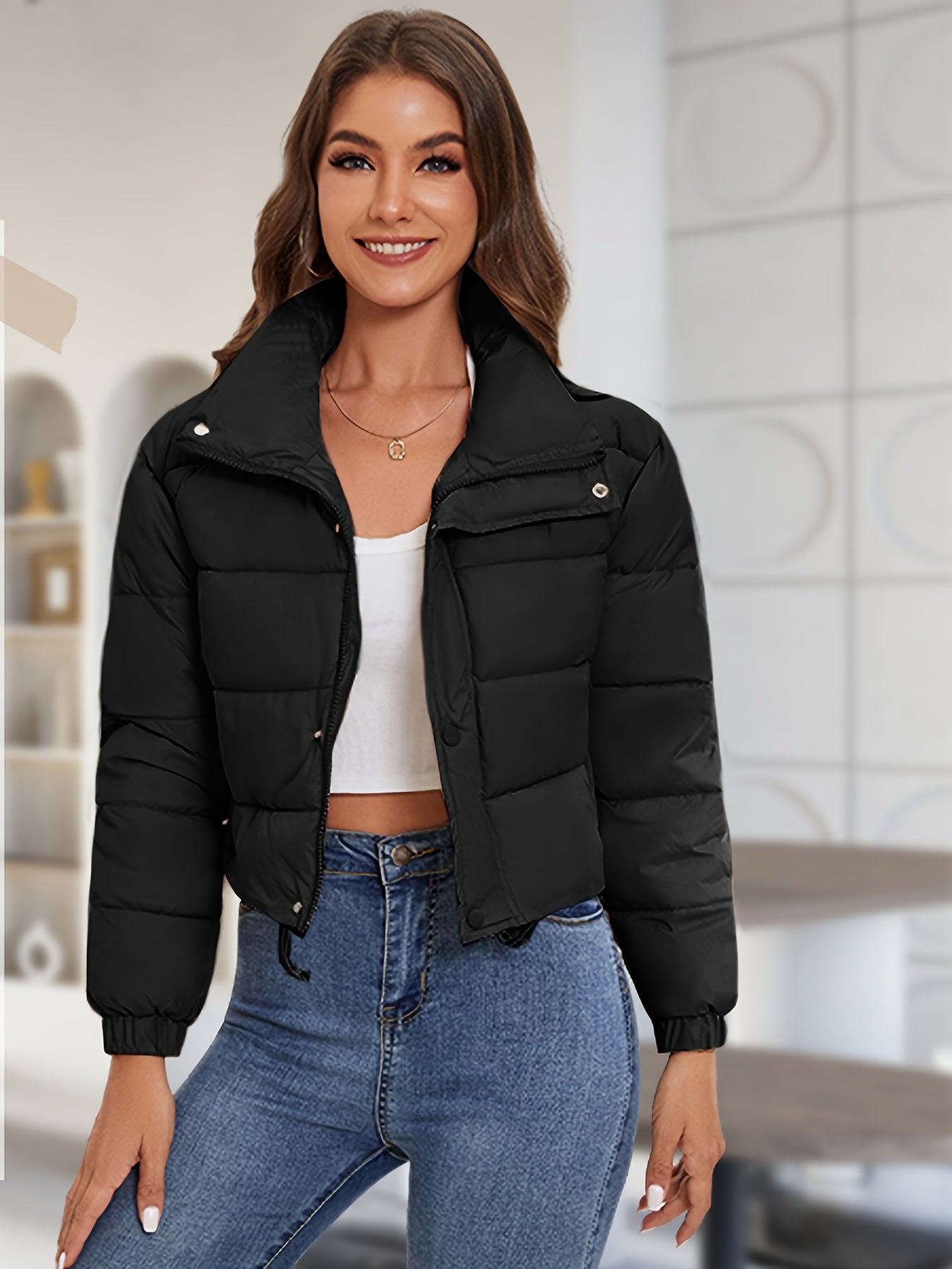 Women'S Lightweight Winter Jacket - Elegant Stand Collar Short Length Quilted Coat with Button Front, H-Silhouette Regular Fit, Long Sleeve Casual Outerwear for Cold Weather, Winter Coats, Seasonal Fashion, Minimalist Style,