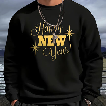 Men's Happy New Year Sweater - Loose Fit Round Neck Pullover Shirt with Golden Script, Light Grey & Machine Washable Casual Party Outfit for Everyday & Celebration Wear, Cute Sweaters, Festive Apparel, Festive Design, Durable