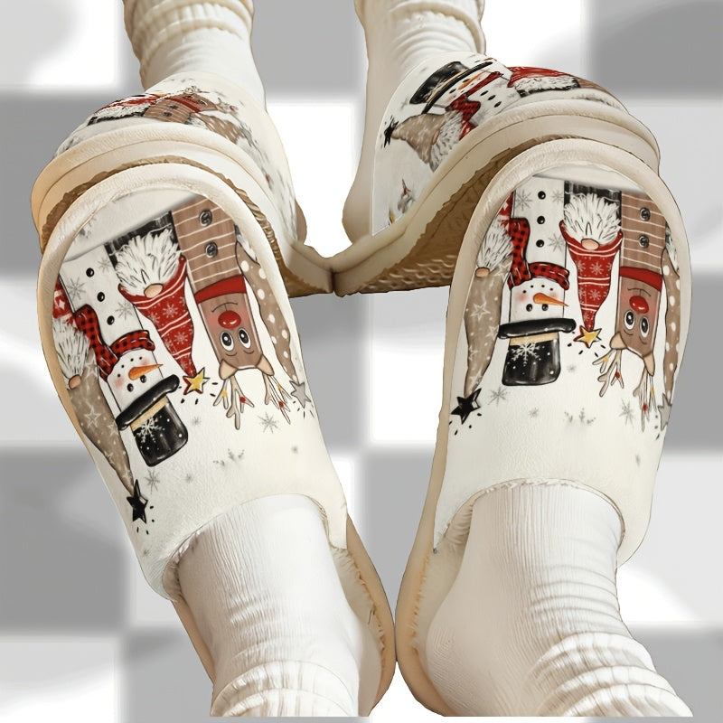 Christmas Snowman Reindeer Gnome Plush Lined Home Slippers, Soft and Beige-Friendly, Couples' Cozy Holiday Atmosphere with Christmas Elements, Holiday Slippers, Festive Pattern, Soft Fabric, Comfortable Cushioning, Couple Sli