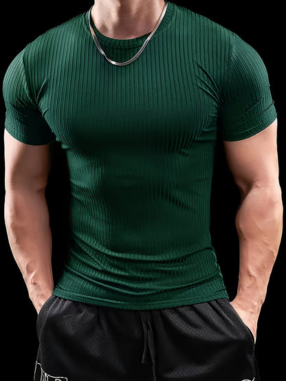 Men's Stretch Fit Short Sleeve T-Shirt - Breathable, Comfortable Polyester Blend, Solid Blue, Crew Neck, Casual  Sporty Style for Spring/Summer