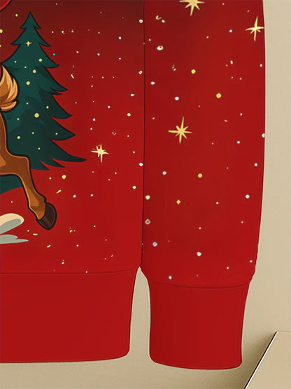 Boys' 3D Digital Print Santa & Reindeer Christmas Hooded Sweatshirt - Red & Black Gradient Festive Pullover with Glowing Eyes, Soft Stretch Fabric, Machine Washable, Long Sleeve Party Outfit for School Events, Family Photos &